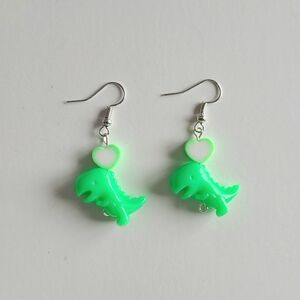 Green Dinosaur Heart Earrings Y2k 90s Kidcore